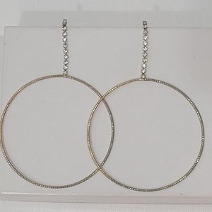 DROP HOOP EARRINGS w/ Studded Suspension, Costume Gold with Cubic Zirconia
